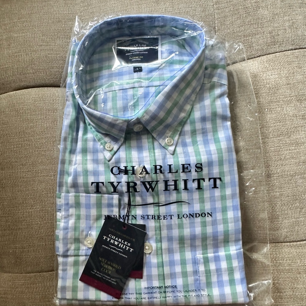 Charles Tyrwhitt Green and Blue Gingham Classic Fit Soft-washed Non-iron Shirt L